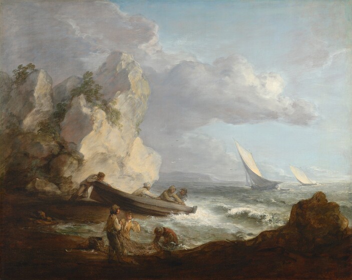 From a rocky shoreline, we look on several light-skinned people working by the sea with a boat and a net in this freely painted, almost square seascape. The scene is framed by a silhouette of low boulders along the lower right corner, and a towering cream-white rock rising two-thirds of the way up the composition to our left. Scrubby, celery-green vegetation grows on the rocky outcropping. Near the center, close to the towering white rocks, three people sit, reaching for something near one end of a boat while a fourth person braces against the rock, presumably to push the boat out to the sea. Closer to us, three people on the shore work with a net. Two stand with the net hooked over their shoulders, and a third person crouches in the water with head down. The people all wear simple shirts and pants in shades of tan, mustard yellow, burnt orange, and pale blue. All but two wear hats. The sea meets the shore with frothy white foam and cresting, low waves. The sea beyond fades from pale sage green to arctic blue along the horizon, which comes about a third of the way up the composition. Two sail boats tilt against the wind in the distance. Pale, smoky lavender-purple clouds drift across the ice-blue sky.