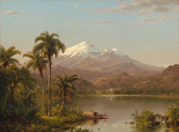 We look across a palm-tree lined river winding into the distance before a monumental, snow-covered mountain at the center of the composition in this horizontal landscape. The spit of land along the riverbank in the lower left corner is filled with lush vegetation, including waving ferns, vines, leafy trees, and palm trees. At the bottom center of the composition, along the shoreline, a boat with a pointed prow is occupied by three people wearing white pants. Two of the men are bare-chested and the third wears a red shirt. The boat is covered with a rounded, hut-like structure and tendrils of white paint, perhaps indicating smoke from a fire, waft up in front of the opening to the structure. The placid river widens beyond the boat and across from us, the distant shore is lined with white buildings with brown thatched roofs and a white church with two spires and a red tile roof. Trees around and beyond the buildings fill in the space before brown hills that eventually lead to the snowy peaks of the central mountain. The earthy moss and sage green and tawny brown of the vegetation and river closer to us fades to pale caramel and pinkish-tan in the hazy distance. A few birds fly across the pale blue sky to our left, and wisps of light gray clouds float in from our right. The artist signed and dated the work in the lower left corner: “Church 1854.”