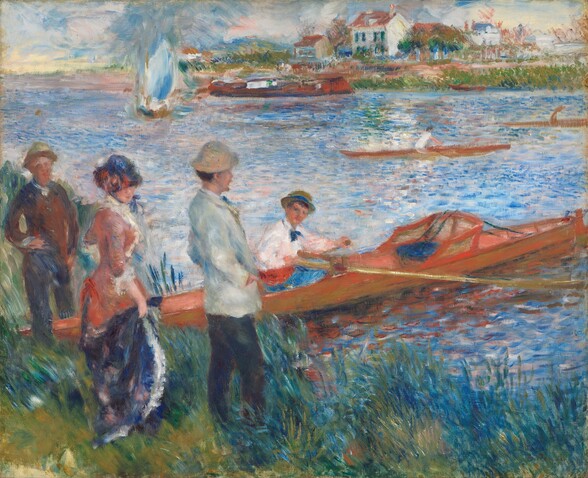 Close to us, a woman and two men stand on a grassy riverbank looking out at the expanse of the river that nearly fills this horizontal landscape painting. A fourth person sits in a long, narrow canoe that angles from the riverbank near the lower left corner to our right, and it extends off the right edge of the canvas. All of the people have pale, peachy skin. The man closest to us, to our right of the trio, wears a white hat and jacket and dark pants as he gazes across the river with his hands in his jacket pockets. The other man and woman, to our left, look toward us. The woman wears a royal-blue hat pulled low over her eyes. Her dress has a blue skirt and her petal-pink corseted bodice is trimmed with white. The third standing person, along the left edge of the painting, wears blue and brown, and a straw brown hat. The man in the boat wears a white long-sleeved shirt with a blue cravat at his neck, a crimson-red cummerbund at his waist, blue pants, and a straw hat. He turns to look over his right shoulder, and he holds the end of a long oar in his right hand. The surface of the water is painted with short touches of vibrant blue paint. A sailboat, barge, and two other sculls float on the river between us and the far bank, which comes three-quarters of the way up the composition. A few white houses and buildings line the water amid tall grasses on the opposite bank on the right half of the painting. The blue sky is painted with long strokes in blue and white. The brushstrokes are loose throughout, creating a blurred, feathery texture.