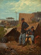 In a camp, two soldiers wearing blue uniforms are lost in thought as they listen to a military band playing music in the background in this vertical painting. Their uniforms consist of navy blue jackets, stone blue pants, and flat-topped, brimmed hats. Brass buttons line the open fronts of their jackets and a gold-colored emblem is affixed to the tops of their caps. One soldier, at the center of the painting, stands facing our left in profile with one hand on his hip. Another, to our right, sits in front of a tent, also looking towards our left. The seated soldier’s knees are spread wide. One hand rests a few papers on his thigh, perhaps a letter, and he rests his chin in the other hand, also propped on his thigh. A low, triangular tent, about waist-high, is pitched to the left of the standing solider. The inside is dark but closer inspection reveals the bottom of one boot, presumably on a solider laying down inside. At the lower left of the painting, gray smoke drifts up from a pot on a campfire. A knapsack and a pewter plate holding waffle-like hardtack biscuits are laid near the tent. A few branches cover the dirt ground to our right. A tan cloth draped over an arbor-like structure of sticks forms a partition between the two soldiers and the rest of the camp, dividing the composition. Rows of tents extend into the distance. A band of soldiers plays music in the distance, their gold horn instruments pointing upwards toward the light blue sky. A row of tents is visible in the deep distance, perhaps across a body of water. The horizon line comes about two-thirds of the way up the composition, and the blue sky is filled with white, fluffy clouds. 