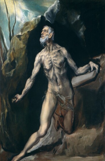 A nude man holding a book in one hand and a rock down by his other side kneels at the opening of a rocky cave in this vertical painting. The man’s body and the shadowy cave opening nearly fill the composition. The man’s torso and limbs are elongated and sinewy, and his skin is painted in tones of ivory white and pale peach with smoky gray shadows. His body is squared to us as he turns his long face to look up and off to our left. He has dark brows over deep-set eyes, a prominent nose, hollow cheeks, and his thin lips are closed. He has short white hair and a frost-white beard. His skin pulls tightly over the tendons in his neck, across his collarbone, and over his ladder-like ribcage. He is nude except for a loosely painted, light-colored cloth across his hips. His left arm, to our right, lies along an open book, which rests against his hip or on a rock in the cave. A few touches of red line the hand that grips the rock, which he holds away from his body with his other hand. The craggy face of the cave opening is loosely painted, and the interior is swallowed in complete darkness. The man raises his face toward rays of canary yellow and cotton white against a turquoise-blue sky in the upper left corner of the canvas.