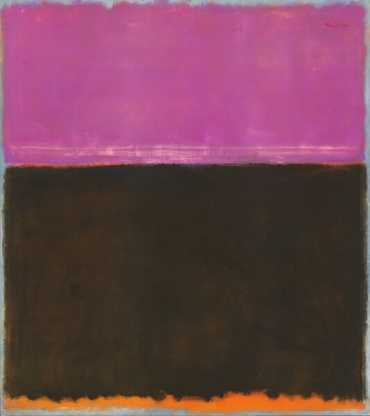 This abstract, vertical canvas is filled with a rectangular field of magenta across the top separated from a larger rectangle of black in the bottom two-thirds with a sliver of a flame-orange band, and a narrow band of pumpkin orange runs across the bottom of the composition. The fields of deep pink and black very nearly fill the canvas and appear thinly painted, which allows some colors to show through. For instance, the bottom of the magenta rectangle is streaked with cream-white, and the black field was painted over what had been a larger orange block, so the orange shows through, creating a soft, mottled appearance. The edges of the pink and black fields appear blurry, giving way to a pale, steel-blue edge around the perimeter of the canvas. The bottom edge of the black shape is particularly loosely painted, giving the orange band below a ruffled appearance.