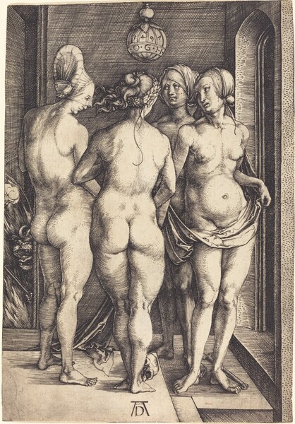 Printed with fine black lines against cream-white paper, four nude, curvy women stand in a loose circle enclosed within an interior space, as a demon peeks around an opening along the left edge of this vertical engraving. The women nearly fill the composition and the room they occupy. Three of the women stand in a line in front of us so they span the foreground. The women to the left and center stand with their backs to us. The woman to our right and the woman on the far side of the circle face us. Their hair is bound up in headdresses, scarves, or veils. The woman to our right holds a swath of drapery across her hips and it cascades to the floor near a skull and long bone resting at their feet. An arched opening to the right and a squared opening to the left are both dark. An orb hangs above the group at the upper center, and it is inscribed with the letters “OGH” and the date, 1497. The demon peeking from the shadows along the left edge has a snout like a lion, and its gaping jaws reveal sharp teeth and a long tongue. It clutches a pair of thin sticks in one paw and flames flare up behind it. The contours of the women and the room are shaded with long, parallel strokes and crosshatching. A monogram with a capital D tucked between the legs of a wide, upper case A is inscribed at the bottom center of the sheet.