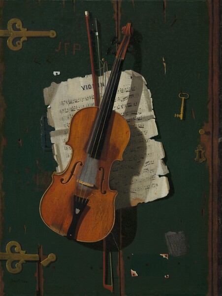 A violin, bow, and a tattered page of sheet music hang from a dark, forest-green, wooden door in this vertical painting. The string holding the violin hangs from a nail just above the sheet music. The violin hangs at an angle so the neck points slightly to our right. The bow hangs almost vertically behind the violin’s body. White powder coats the violin under the strings, one of which is broken. The sheet of music is titled “VIOLIN” and the musical notation is legible. The edges of the paper are chipped and wrinkled. Several pins are pounded into the wooden door, and a few small holes and vertical cracks mar its surface. The tip of one of two scrolling, gold hinges to are left is broken. A keyhole to our right is surrounded a brass plate, and a gold key hangs nearby. A scrap of newspaper is pasted on the door just below the violin to our right, but the text is illegible. The green paint is worn away on the left and right edges of the composition. The initials “JFP” appear to be carved into the door just above the violin to our left. The artist’s name is painted in black near the lower left corner, “John. F. Peto.”