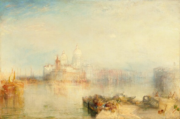 Through a golden haze and across an expanse of gently rippling water dotted with boats, ghostly ivory and parchment-white buildings rise along a distant shore in this loosely painted horizontal landscape. The misty horizon comes about a third of the way up the composition, and the sky above is mostly butter yellow with a few touches of shell pink, and a patch of topaz blue in the upper left corner. Closest to us, in the lower right corner, several honey-yellow boats are pulled up to a cream-white dock. Touches of charcoal gray, peacock green, ruby red, and mauve pink suggest cloth or other objects filling the boats and piled on the corner of the dock. A few strokes of white, blush pink, and brick red suggest several people beyond a low wall or other structure to our right. Farther back and to our left, streaks and swipes of coral red, pale yellow, and gold suggest boats along a dock. Along the horizon, in the distance opposite us, there is a golden-yellow building with a tower on its front façade. Beyond this building, a cream-white structure with two tall domes rises against the sky. Along the horizon to either side, blended smudges of lilac-purple, rose pink, and aquamarine blue suggest more buildings and boats. The buildings and boats are reflected in the loosely painted straw-yellow water. The artist signed the painting as if he had written his initials on the wall near the lower right corner, “JMWT.”