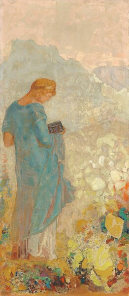 A pale-skinned young woman with copper-orange hair, wearing a turquoise-blue robe, stands in a pastel-infused landscape in this stylized, vertical painting. The woman fills most of the left half of the composition. She faces our right in profile with her head bowed as she looks down at the silver and brown box she holds in her right hand, closer to us. Her body angles away from us so we see her back. Her hair is held back under a gold-colored headand, and her blue robe falls over a white skirt. Beyond her, rocky mountains in ice blue and pale lilac purple span the horizon, which comes about three-quarters of the way up the painting, beneath a pale, rose-pink sky. An area of mottled parchment-white to our right of the person could be a field. Along the bottom edge of the canvas, rounded and organic shapes in scarlet red, turquoise, lapis blue, golden and lemon yellow, and pumpkin orange could be abstracted earth or flowers at the woman’s feet.