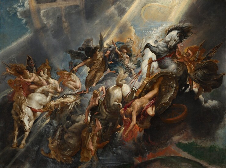 From high above the earth, we look onto a dramatically lit scene with a man falling from a horse-drawn chariot in midair, surrounded by eleven women against a bank of clouds in this horizontal painting. All of the people have pale skin and are illuminated by a bright burst of sunlight streaming across the scene from the upper right corner. The man is covered only by a burgundy-red sash that wraps across his groin and around one shoulder. He careens headfirst from the U-shaped, golden chariot with his chest facing us, arms flung overhead and legs splayed, to our right of center. The tumble of bodies around him includes four horses, three ivory white and one gray, and the eleven women, who are either nude or dressed in robes of parchment white, tan, slate blue, butterscotch yellow, steel gray, or rose pink. The women all have blond or brown hair, and some have wings like butterflies, patterned with circles and stripes. They fall alongside the man or float above the wreckage, their robes and hair billowing. Some of the women hold the red reins of the horses, though some of the reins stop abruptly or are painted over so they appear as dark lines beneath the surface. The nickel-gray clouds surround and support some of the women in front of a hazy circular arch curving up the left side of the composition. Peeks of sky around the action are deep aqua blue, and vibrant orange flames lick up from the earth in the lower right.