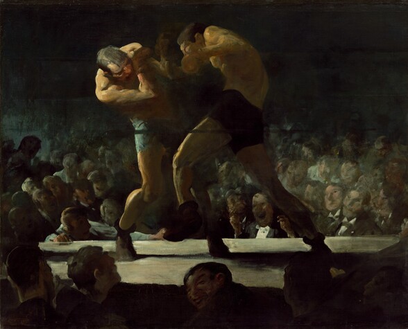 Two white men wearing brief-like shorts, shoes, and boxing gloves curl towards each other as they box in the middle of a boxing ring. We seem to float slightly above the heads of the crowd below and around us. The platform of the boxing ring comes about a quarter of the way up the canvas so the boxers themselves nearly brush the top edge of the composition. The boxer on our left, in light blue shorts, curves to his side as he dips his head and right shoulder towards us in a defensive position, arms shielding his face. To our right and in the center of the composition, the opponent, in dark shorts, is shown in mid-punch with his left leg raised to step forward. His back curves like a comma as his right arm comes forward with the punch. Bright light, like a spotlight, illuminates the men from our left so even the right sides of their bodies are lost in shadow. The crowd around us is backlit but one grinning man turns to look over his shoulder towards or at us. The arena across the boxing ring is also plunged into deep shadow, so only the faces in the first few rows are visible before being swallowed in darkness. In fact, the top third of the canvas behind the boxers is black. The faces of the men in the crowd across from us are loosely painted, sometimes with only a few strokes to capture features. Individual features are mostly obscured but one face near the center, between the legs of the attacking boxer, is split wide in an exaggerated grin. That man wears a white tuxedo shirt and black jacket, and raises both hands, as if ready to light a cigar.