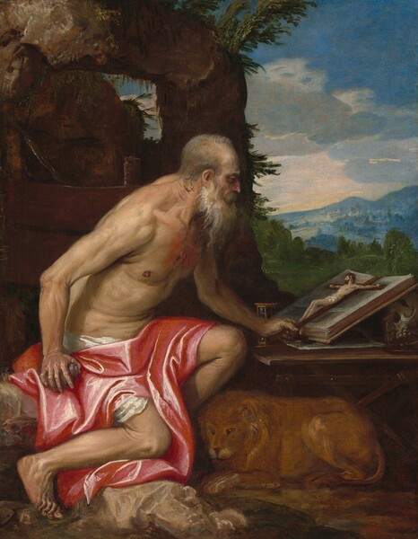 A sinewy older man, his pale skin mostly exposed, sits on a stone low to the ground facing a table on our right in the center of this vertical painting. His gray hair is cropped short and he has a greying, long beard. He faces our right in profile and has a hooked nose, deep-set eyes, and the eyebrow we can see is bushy. The man