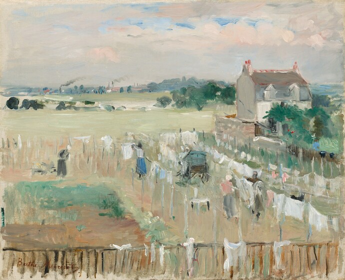 We look down onto a landscape where several laundry lines have been draped mostly with white sheets or cloth to dry in a flat, grassy yard in front of a rustic house and a distant town in this horizontal painting. The scene is created entirely with thick, visible brushstrokes that creates a sense of texture on the canvas’s surface and makes many details difficult to make out. The forms of at least three women wearing skirts hang laundry out along the lines, and a person wearing trousers tends to a flat piece of green ground near the lower left corner. A few pieces of white cloth have been draped over the wooden fence that runs along the bottom edge of the canvas. A dove-gray cart with wooden carriage wheels rests, tipped forward, at the center of the laundry lines. To our right and just beyond the laundry lines, a two-story ivory and slate-blue house with a gray peaked roof sits behind a grove of emerald-green trees. The laundry field and the grassy plane beyond is painted with a pale celery green with long, horizontal strokes. Dabs of moss green and a white streak interrupt the field in the distance. Beyond that, touches of steel and silvery-gray paint suggest smokestacks and smoke in a town along the horizon, which comes about three-quarters of the way up this composition. A few patches of vivid blue sky peek through a screen of shell-pink and cream-white clouds above. The artist signed the work in brick-red paint in the lower left corner, “Berthe Morisot.”