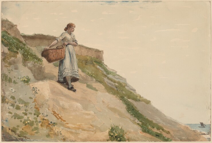 A young woman with light skin carries a large basket propped on her hip down a steep dune in this horizontal watercolor, which is painted mostly in light slate blue, sage green, tan, and ivory white. She is near the top of the hill, to our left. Her reddish-brown hair is pulled back to the nape of her neck. She wears a long, steel-blue dress with the sleeves rolled up to her elbows and black clog-like shoes. The hill she stands on angles steeply down from almost the top left corner of the paper to just inside the lower right corner, and it is dotted with scrubby green grasses on sand-colored ground. The horizon line is very low, nearly along the bottom edge of the composition. In the deep distance, beyond the dune in the lower right corner, a small patch of blue water with a single sailboat is visible. The bright, hazy sky is nearly white.
