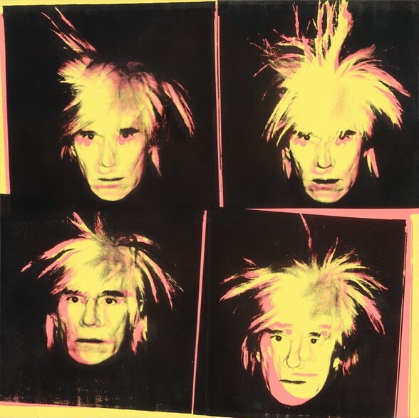 A man’s face printed in hot pink and banana yellow against a black background is repeated four times in this square silkscreen painting. The portraits are arranged in a grid of two by two. The man has a mop of spiky, unruly hair, heavy black brows, and a wide nose. His lips are set in a line over a rounded chin. Each one shows the man with a slightly different expression, some with his chin pulled back and others are straight on, but all look steadily at us with black eyes. The pink and yellow faces overlap but are out of alignment in each portrait. Pink and yellow edges surround each black square.