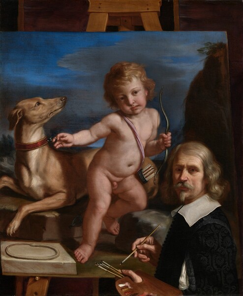 In this vertical portrait painting, a pale-skinned, bearded man holding a painter’s palette and brushes stands in front of a painting on an easel that shows a chubby child and a slender dog. The man stands in the lower right quadrant of the composition, close to us. Shown from the waist up, his body faces our left in profile, and he turns to look at us. His forehead is lined, and his left eye, to our right, turns in a bit toward his nose. His shoulder-length, wavy, ash-blond hair gleams. His brushy mustache flips up at the ends over closed pink lips, and he has a narrow strip of a beard on the hint of a double chin. He wears a black garment with a wide white collar, and white fabric peeks through a slit in the sleeve we can see. He holds the palette and five thin brushes in the hand closer to us and a sixth brush in his other hand. The palette is dotted with white, light brown, burnt orange, and black smears of paint. The painting within the painting takes up most of the composition, but a sliver of the easel’s legs and the top brace are visible along the upper and lower edges of the composition. The painting within shows a nude, small boy with pale, peachy skin. His blond hair curls onto his forehead and around his ears. He stands with one knee leaning against a rock to our right. He holds a small bow close to his body in his left hand, on our right, with a quiver of arrows slung across his chest. His right hand extends to our left to hook a finger into the collar of a sleek, light-brown dog that lies alongside him. The dog’s chest faces our left, but the head, with a long, narrow muzzle, turns back to gaze at the child. Near the dog’s front feet and the child’s standing foot is a square, light tan stone slab. The top surface is carved with a snake swallowing its tail. A dark brown rocky outcropping rises along the right side of the painting within the painting. Gray clouds skim across a vibrant blue sky above the dog and boy.