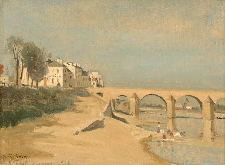 A sand-colored riverbank stretches in front of us to meet an arched bridge that spans a pale blue river to our right in this horizontal landscape painting. The scene is loosely painted so many details are indistinct. A retaining wall extends toward us from the abutment of the bridge, where it meets the land. About halfway along the shore, a group of people painted with a few strokes of gray, pink, brown, and white gather near the water. The bridge continues off the right edge of the painting and reflects in the rippling, pale water below. To our left, a bank of fern green, suggesting grasses or other growth, and some trees line the beach-like riverbank. A line of ivory-colored buildings with pewter-gray roofs extend into the distance to our left beyond the bridge. More buildings and trees along the horizon line in the deep distance are seen through the arches of the bridge to our right. In the top half of the painting, tan-colored brushstrokes lightly sweeping across the blue sky suggest hazy clouds. Two inscriptions have been written in the lower left corner. In brown ink, one reads, “Corot 1834.” Below it, the other is written in pencil: “Corot Pingebat 1834.”