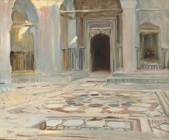 This nearly square, sketchy painting shows the interior of an empty courtyard, created in milky tones of oatmeal brown, ivory, muted brick red, eucalyptus green, and slate blue. We look across a floor patterned with round and octagonal stones. Across from us, a darkened, arched doorway is set into a larger, lighter arched opening. A niche or a window to our right is covered with a lattice. To our left, another arched opening angles toward us and to our left. It opens onto an indistinct space filled with golden light. Lighter strokes of pale mauve pink and warm parchment yellow on the face of the arch to our left suggests sunlight sifting into the interior space. Brushstrokes are visible throughout.
