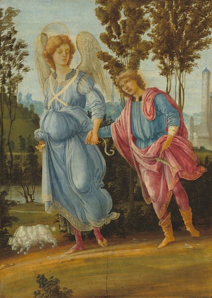 A winged angel leads a clean-shaven young man across a landscape in this vertical painting. The angel and man nearly fill the composition. They both have pale skin slightly tinged with green, rosy cheeks, copper-blond curly hair, fluttering robes, and halos. Their jaws are rounded, and their full lips closed. They each step forward onto one foot. To our left, the angel’s head turns back with eyes downcast or closed. The angel’s sky-blue robe is gathered up around the waist and falls to the ankles. The neckline and bottom hem are edged with gold writing, and the halo is a gold ring filled in with gold dots. The angel holds a gold vessel or object in the right hand, farther from us, and reaches the other arm slightly back. The man, Tobias, leans forward and reaches one arm to hook wrists with the angel. A scroll curls down from Tobias’s wrist. He tips his head to our left and looks up with large, light brown eyes. He wears a rose-pink robe over a powder-blue tunic. The robe also has gold lettering around the lower hem, and he wears matching pink stockings and shin-high, golden-yellow boots. He carries a fish hanging from a gold thread with his other hand. Gold rays radiate around his head like a starburst. A small, shaggy white dog looks at the ground to our left of the angel’s feet. Some forest-green shrubs and spindly trees with sage-green canopies grow on the far side of the path. Water winds into the distance to meet white buildings along the right edge of the composition. More trees and a steeple are hazy blue in the distance along the horizon, which comes about halfway up the painting. The sky is streaked with white and ice blue.