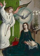 A young woman sits wearing a voluminous, long, royal-blue dress to our right and a winged angel wearing a white robe stands looking at her with one arm raised to our left in this vertical painting. The people nearly fill this composition and both have pale, ivory-white skin. In the lower right quadrant of the painting, the woman’s body faces us, and she looks up and to our left with dark eyes. She has an oval-shaped face with a long, delicate nose and her small, pink lips are closed. Her wavy, light brown hair falls over her shoulders and down nearly to her waist. Her blue garment is edged with gold. Her cloak is fastened at the neck with a gold chain, from which hangs an amethyst-purple stone set into a pendant with pearls. The cuffs of her blue robe are lined with fur over crimson-red sleeves beneath. The blue robe puddles on the floor around her and the corners of two pillows—one gold and one scarlet red, each with a fat tassel—behind her suggest she sits on the cushions. She holds a thick book with red and black text and gold edges open in her lap, resting on a silvery blue cloth with tassels at the front corners. A white dove hovers with wings outstretched over her head, and is surrounded by a white halo deepening in several concentric rings to aquamarine blue. Along the left edge of the painting, the angel’s body is angled to our right and the head tips toward the woman. The angel’s right hand, on our left, is raised high overhead. In the other hand is a long gold staff, almost as tall as the angel. The angel’s blond hair falls in ringlets to the shoulders, and the nose and mouth are delicate. The flowing white robe is cinched at the waist, and it has a wide collar like lapels, with a round purple stone fastened like a brooch at the throat. A jeweled head piece has a dark stone set in gold at the center flanked by a row of alternating white and pink flowers to either side. The wings are rose pink along the top edge, pale turquoise along the center, and icy blue along the bottom. A bright emerald-green cloth hangs on the cream-white wall behind the angel, and brick shows through what appears to be lost plaster over the woman’s head to our right. The door of a cabinet behind the woman is ajar and a rounded urn holding tall, white lilies sits on the surface above.