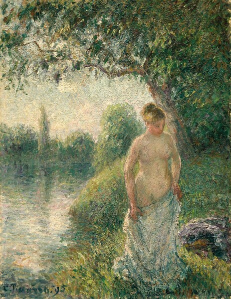 A pale-skinned woman standing on a riverbank holds a white cloth against her mostly nude body in this vertical landscape painting. Painted with pine and celery green, tawny brown, watery blue, and peach, the short, tightly packed strokes create a blurred effect. The woman takes up the lower right quadrant of the composition. Her body and face angle to our right, and she looks down in that direction. Her blond hair is swept up and back, and her face is flushed pink. The white cloth she holds across her thighs is shaded with ice blue. An indistinct pile of amethyst purple, marine blue, and brown by her feet suggest discarded clothing. The tree behind her curves up to fill the top third with its verdant canopy. To our left, the river is painted in cool tones of white, petal pink, and slate blue, and flows from the lower left toward a line of trees in the middle distance. Their fresh greens are reflected in the water’s surface and ivory-colored clouds almost fill the power-blue sky above them. The artist signed and dated the lower left, “C.Pissarro.95.”