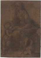 Drawn with gray chalk lines and smudges against dark tan paper, a woman sits facing to our left on a low wall, with two toddler-aged babies at her feet, filling this vertical drawing. Their bodies are outlined with smoke-gray lines and filled in with paler gray areas, giving the drawing an almost ghostly look against the dark paper. Both children have short hair and rounded, pudgy bodies.  The woman has a subtly rounded figure, a straight nose, and smooth cheeks; her bow lips are closed. Her wavy hair is loosely pulled back and tied at the nape of her neck. Her dress, with a scooped neckline, is cinched at the waist before flaring into a voluminous skirt. She smiles down at the nude baby who stands to our left, looking up at her and leaning against her knees with his weight mostly on his right foot. Her left hand holds his left arm, which reaches across her lap toward a book she presses against her side with her left forearm. His right hand touches her left knee, nearest us, and her right hand passes behind him to caress his shoulders. The second child kneels in a crouch near the woman’s legs, to our right. Leaning on a slender staff like a walking stick, he wears a garland of leaves in his hair and looks up toward the other boy. Chalk strokes and white highlights around his torso suggest he is wrapped in drapery. Some details are difficult to make out because some of the charcoal-gray lines are loosely sketched and retraced. The corners and edges of the paper are chipped, revealing an underlying surface to which it is attached,  and there are crease lines that suggest that the paper was likely folded in the past.