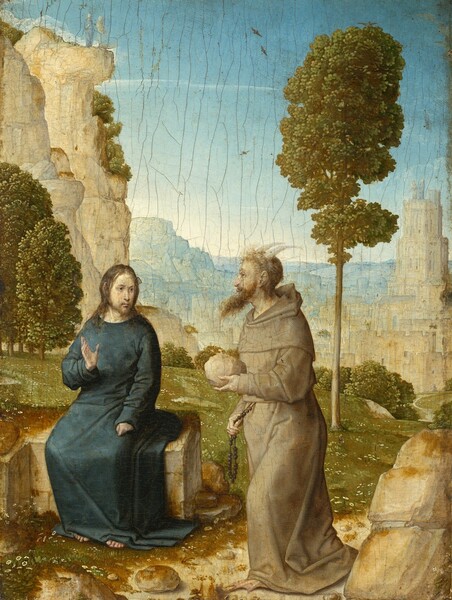 To our right, a man with a long, pointed beard, wearing a fawn-brown, hooded robe, walks toward a second bearded man, to our left, wearing a cobalt-blue robe and sitting on an L-shaped stone slab in front of a deep landscape with trees, craggy cliffs, and pale blue hills in the distance in this vertical painting. Both men have ivory-white skin and brown hair. The man to our right faces our left in profile, and has two sharp, bone-white horns curving back from the top of his head and a claw-like, webbed foot protruding from under the hem of his monk’s robe. He has a prominent, hooked nose, sunken eyes, and he seems to look ahead, into the distance. He clutches a strand of large beads hanging from his waist with his right hand, farther from us, and holds a round, loaf-sized stone in his opposite hand. The body of the seated man, to our left, faces us but he turns to look off to our right with dark eyes. His left hand, to our right, rests in his lap and his opposite hand is raised, palm facing the walking man. Rocks and boulders lie on the ground around and between the men. Behind them, a grassy meadow dotted with tiny white flowers slopes downward to a line of trees with olive-green leaves, tucked beyond the hill. One tall, spindly tree grows behind the horned man and a bird perches, wings spread, on the top. One steep, rocky cliff rises behind the seated man, to our left. Two strokes of light blue and pale beige suggest people standing atop the cliff. Beyond, a city with tan-colored stone buildings and blue mountains are hazy in the distance. Atop a tower in the city, the pair of men appear again, with the man in brown gesturing downward and the man in blue looking on. Three more birds fly across the sky, which deepens from a misty white near the mountaintops in the background to an azure blue along the top edge of the panel. The surface of the painting has visible long, mostly vertical cracks throughout.