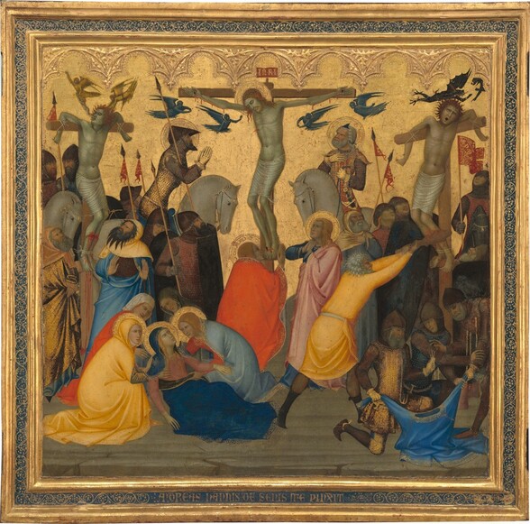 Three men hang on wooden crosses above people crowded below in this square panel painting. The crucified men wear only white cloths across their hips and their skin has a green cast. A halo encircles the bent head of the man on the middle cross, Jesus, who wears a ring of thorns in his long, red hair. Blood trickles down his forehead and drips from nails driven through his hands and overlapped feet, and from a gash over his right ribs, to our left. Four miniature, winged angels are painted entirely in tones of dark, cobalt blue and fly in pairs on either side of his body. An inscription over the top of the cross reads “INRI” in gold letters against a red field. The other two crosses are spaced evenly to either side. The men are tied with their elbows hooked unnaturally back over the crossbeams and wounds on their broken shins pour blood. The man to our left tilts his head up as one small, golden angel touches the back of his head and the other lifts a miniature version of the man from his parted lips. To our right, the man’s eyes roll back and his mouth gapes open as two black, winged creatures like dragons fly overhead. In the bottom left corner, a group of four women comfort a reclining woman with long blond hair wearing a blue cloak. In the right corner, a group of three men tug at a blue tunic, as they draw straws from one man’s fist. Other men and women, a few with golden halos, cluster at the feet of the crosses, wearing robes and armor in shades of buttercup yellow, coral and brick red, light and lapis blue, and brown. The panel is in a gold frame inset with a band of lapis blue with a scrolling, leafy design in gold.