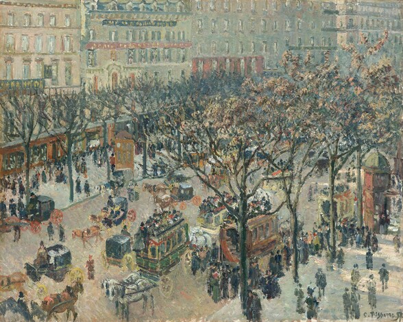 We look down onto a wide, bustling, tree-lined avenue filled with buildings, people, and horse-drawn carriages in this horizontal painting. Muted, warm browns, sage green, slate blue, and brick red dominate the urban scene, which is loosely painted with short and long dotted brushstrokes so some details are difficult to make out. The street extends diagonally up from our lower left with wide gray sidewalks on either side, which are lined by slender trees sparsely dotted with brown leaves. Dozens of pedestrians meander individually, in pairs, and in small groups on the sidewalks in coats and hats. Across from us, multi-storied buildings with store fronts at street level stretch across the width of the canvas. Rows of windows line the facades. Horse-drawn carriages move in both directions on the street and two omnibuses have pulled to the curb closest to us, where passengers have lined up. Two brick-red, hexagonally shaped kiosks stand opposite each other on either side of the street about halfway along the boulevard. Sunlight filters onto the scene, creating a dappled effect in some areas, especially over to our right. The artist signed and dated the painting in dark green in the lower right corner: “C.Pissarro.97.”