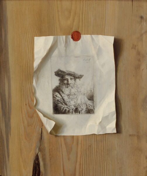 It appears that a piece of paper printed in black and gray, showing a portrait of an older, bearded man, has been stuck to a wood panel using a red wax seal in this vertical composition. The cream-colored paper is crinkled and creased with wide margins around the portrait. The printed portrait shows a man from the chest up, angled to our right but looking out at us. The inner corners of his eyes are in deep shadow and he has a bulbous nose over a long, full beard. He wears a wide, soft hat tipped down to our right. He wears a heavy coat or jacket, possibly fur. His hands rest on the top of a cane, suggesting he is seated. A cross hangs from a long chain around his neck. The print is signed at dated at the top right corner of the printed image: “F. Bol. F 1642.” The glimmering red wax seal holding the paper to the wood board is imprinted with a shield. The wood itself is light tan almost with a greenish tint, and it has a dark knot near the lower left corner. Only upon closer inspection do we realize that the entire work is a single painting, and is not an actual print affixed to a wooden board.