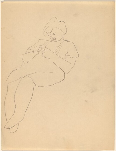 Seated Woman Leaning Back and to the Right, Looking Down at Her Hands