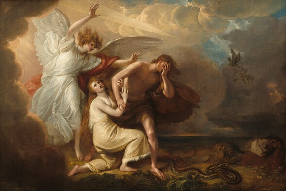 In the left half of this horizonal composition, a winged angel gestures with arms raised over a man and woman being forced away from a bank of clouds set against a flat and barren landscape. The angel, man, and woman all have pale skin. The blond angel is dressed in a flowing white robe with a coral drape that hangs over one arm and billows behind. Kneeling in front of the angle, the woman wears a garment like a toga that appears to be made from an ivory-colored animal skin. Her long auburn hair falls in waves around her shoulders and she looks up to the sky, her mouth open. She kneels with her body facing our right, and she grasps the man’s right arm, closer to us. The man wears a chestnut colored fur garment around his hips and he covers his face with his opposite hand. His brown curls and the animal skin blow in the wind. Gold and cream colored clouds envelop the angel to our left and give way to the shadowed landscape to our right. A dagger-like spear of light thrusts out of the clouds from above the angel, towards the man and woman. Thistles grow close to us in the foreground and to our right, a stripped serpent lifts its head and flicks out its tongue. A lion attacks two horses beyond the people and snake, and in the sky above, an eagle swoops down on a heron. The landscape gives way to a navy-blue horizon line, perhaps indicating a body of water. Small patches of blue sky appear through breaks in the clouds.