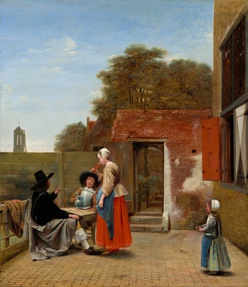 A woman stands drinking from a tall glass as two men sit at a table in a courtyard enclosed by wood paneling and brick buildings in this vertical painting. The people all have pale, peachy skin. The men, table, and woman take up the lower left quadrant of the composition. Both men wear broad-brimmed, black hats. The man closer to us, on our side of the table, faces our right in profile and holds a long white, clay pipe to his lips. He wears an ink-black jacket and tan leggings. A white stocking hangs down in a wide cuff from his knee on the leg we can see. A dove-gray cape is draped across his lap and a brown coat with gold-colored buttons is slung over a railing behind his back. Across the table, a bearded man wears a shining armor breastplate over a brown shirt. He looks up at the woman and smiles, holding a blue and white tankard with the lid flipped open in one hand. Another pipe and piece of paper sit on the narrow table between the men. The woman stands to one side of the table, facing our left in profile and the toe of her shoe touching or nearly brushing the black shoe of the man closer to us. Her brown hair is covered by a white cap, and she wears a tan-colored jacket, a long, crimson-red skirt, and an ultramarine-blue apron. Across the courtyard, in the lower right corner of the painting, a young girl also wears a white cap and blue apron but with a slate-gray shirt and laurel-green skirt. She approaches the table. A glowing ember is visible inside the ceramic brown dish she holds in both hands. The slightly uneven floor is paved with long, pale yellow bricks. A building rises to our right, a red shutter opening out from a window on the ground level. The other, closed shutter is painted with triangles of black, white, and gray. A half-wall of red brick across from us surrounds an open door, through which are stairs and a tree trunk. More trees rise above the top of that wall. Horizontal paneling encloses the courtyard to our left, behind the men. A church steeple in the distance is silhouetted against the sky over the paneling. A few wispy white clouds float across the vivid blue sky above.
