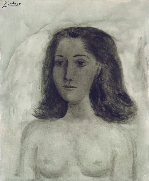 A nude woman shown from the chest up is painted entirely in tones of gray and black in this vertical portrait. Her face is turned slightly to our left, and she looks off in that direction under thin, dark brows. She has large, almond-shaped eyes, a long, straight nose, and her full lips are closed. A cloud of dark hair frames her oval face and brushes her shoulders. Her shoulders, upper arms, breasts, and nipples are simply outlined and lightly shaded, and the background is mottled with gray. The artist signed the top left corner, “Picasso.”