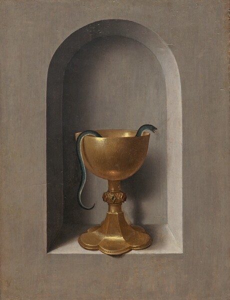 A gold chalice holding a thin, green serpent sits in an arched niche in this vertical painting. Light falls across the chalice from our right so it casts a shadow in the shallow gray stone niche. The chalice has a flaring, six-lobed foot, and a knob on the stem is set with red and green, diamond-shaped stones. The slender green snake drapes inside the cup’s round bowl. The serpent’s mouth is open and tongue flicks out to our right, and the tail hangs out of the chalice to our left.