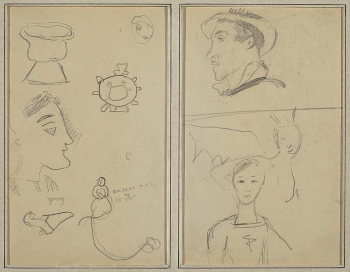 Paul Gauguin, A Caricature and Five Forms; A Man in Profile, a Winged Creature and a Boy [verso], 1884-1888
