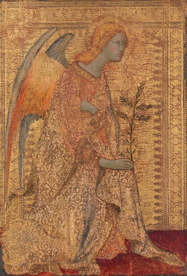 A winged, blond angel kneels facing our right in profile wearing a gold garment and shown against a gold background in this vertical painting. The textured robe the angel wears is a similar color to the background, and with the golden hair and wings, the painting is dominated by the color gold. The angel’s pale skin has a greenish cast but the cheeks are rosy. Blond hair is bound back around the face but falls over the shoulders. The angel looks to our right with slitted eyes over a long, straight nose and pale pink lips are closed. The hand farther away from us is drawn across the chest and tucked under the arm closer to us, with which the angel holds a tall leafy palm frond. The inside surface of the wing facing us fades from butter yellow to tangerine, and where it curves over along the upper edge, the wing is lapiz blue. The robe is textured with swirls and the gold is highlighted with a few areas of slate blue for shadows and rose pink on the sleeves. A gold halo encircles the angel’s head and the gold background is textured with an ornate decorative border along the top and both sides. The floor beneath the angel is ruby red. The gilding has worn away in some areas, especially in the background, so the red ground beneath is visible through cracks.