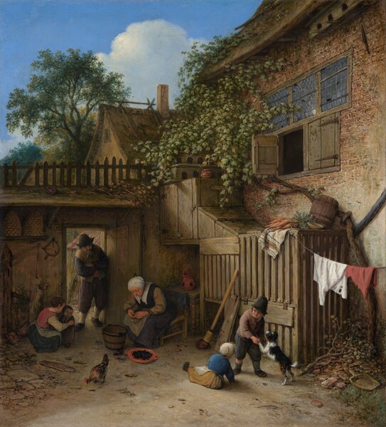 A man, woman, several children, a dog, and a chicken work and play outside a two-story, partially vine-covered, brown brick house in this vertical painting. All the people have peachy, light skin. We look slightly down onto a courtyard enclosed by the house to our right and a wall along the back of the yard, a short distance from us. To our right and closest to us, laundry dries on a line over a pile of branches, cast off bricks, and a wooden shovel near the lower right corner. A young girl wearing a white bonnet, a royal-blue shirt, and a long, harvest-yellow skirt sits on the dirt ground, leaning toward a little boy holding the paws of a black and white dog that stands on its hind legs. A broom leans against a fenced-in chicken coop behind the boy, and a bunch of carrots rests on the flat roof of the coop. Beyond the children, a woman sits hunched on a rushed chair, cleaning mussels taken from a wooden bucket and placed in an earthenware dish. A bearded man leans in the open doorway in the courtyard wall looking at the woman and a young girl helps a toddler stand nearby, as a chicken pecks at the ground. The roof slouches atop the brick house along the top edge of the canvas to our right, and the peak of another roof and trees rise above the courtyard wall. Fluffy white clouds float across the bright blue sky in the upper right corner. The artist signed and dated the work in dark paint in the lower center: “Av. Ostade 1673.”