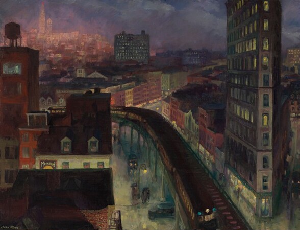 From a high vantage point, we look across and down at a nighttime cityscape of buildings and an elevated train in this horizontal painting. Muted tones of brick red, mustard yellow, plum purple, and avocado green dominate the buildings in the scene. Shadowy buildings of various heights fill the left side closest to us. We look down onto most of their roofs, and a building on the far left at about our eye level is topped by a water tower. The red-brick and muted green facades of two buildings facing us are illuminated by a harsh light from below, but our view is blocked by a dark rooftop closer to us. A sign on one of the lit buildings reads “MOONSHINE.” A dark brown train on an elevated rail line snakes from beyond these buildings to curve toward us in the center of the composition. Two cars drive under or alongside the rail line, and indistinct forms on a corner between them suggest people. To the right of the train stands a twelve-story triangular building that reaches of the top edge of the canvas. The narrow side facing us is only slightly wider than a single window. From there, the left and right sides of the building flare out to create a triangular footprint. Some windows are lit, and some are dark. Beyond these buildings, more muted red, yellow, and green buildings in the middle distance are also lit from below. Tiny windows of three more high-rise buildings gleam in the distance on the horizon, which comes about three-quarters of the way up the composition. Pale, rose-pink buildings are piled high in the deep distance in the upper left. They shimmer against the cloud-filled, plum-purple and mauve-pink sky. The artist signed the lower left, “John Sloan.”