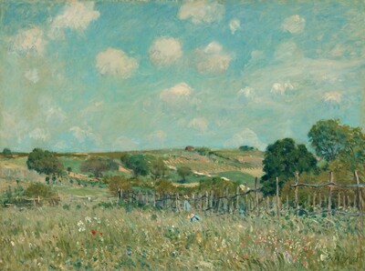 Painted in mostly in jewel tones of topaz and aquamarine blue, and sage, spring, and pine green, a meadow is enclosed by a wooden fence, against a landscape of gently rolling hills under a vibrant sky in this horizontal painting. The scene is loosely painted with visible brushstrokes. Touches of white, cotton candy-pink, ruby-red, and azure-blue paint in the long grasses close to us could be wildflowers. A few swipes of straw yellow and pale and lapis blue could represent two people, standing and kneeling, in the field close to the fence. The rickety fence starts at the right edge of the canvas and extends into the distance, angling away from us to our left. Rolling hills beyond are a patchwork of emerald green and caramel brown, and are dotted with trees with full, dark green canopies. One brown building sits on the crest of a hill to our right of center. The horizon comes about halfway up this picture, and the turquoise-colored sky is dotted with white puffs of clouds. The artist signed and dated the painting in the lower right corner, “Sisley 75.”