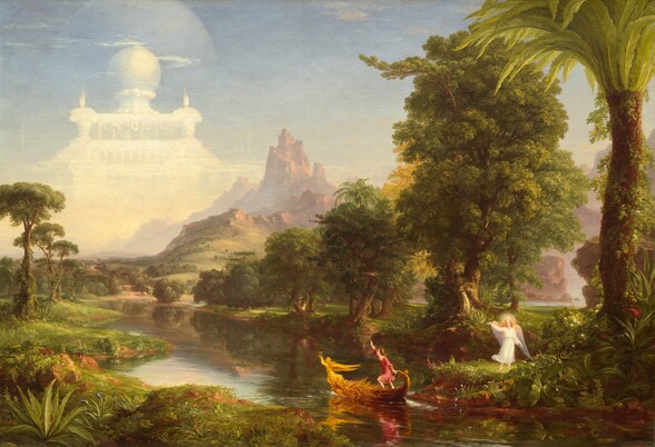 A young man sets out in a golden boat on a river that winds from the bottom right corner of this horizontal painting across a lush landscape and into the distance before disappearing beyond two rocky outcroppings far off to our right. Hazy in the distance, the jagged peaks of a barren red mountain rise into an almost cloudless blue sky. To our left, a semi-transparent, white palace looms above and beyond the mountain, filling most of the upper left quadrant of the composition. Hills and valleys dotted with trees and carpeted with grass ease the eye down from the mountain and palace into the foreground. A winged and haloed angel wearing a white robe stands on the bank of the river under a towering palm tree in the foreground, in the bottom right corner of the canvas. The angel has pale skin and long golden hair, and they raise their right hand, perhaps towards the palace or a young man in a boat in the river nearby. The small boat is angled away from the riverbank to our left and towards the palace. It is ornately decorated and at its bow, a winged, golden figure holds an hourglass aloft above her head. The young man has pale skin, shoulder-length brown hair, and he wears a red and gold tunic. A profusion of flowers and trees line the riverbank.