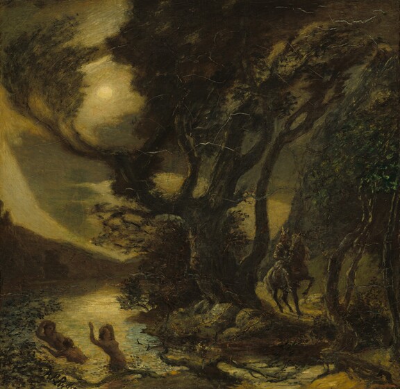 Three nude women bathing by moonlight are startled by a man on horseback riding beside a massive tree in this atmospheric, vertical landscape painting. The branches of the oversized tree sweep up and to our right from a thick trunk at the center of the composition to span the top edge of the canvas. Golden clouds veil the glowing full moon, which is framed between branches in the upper left corner. The river in the lower left quadrant reflects the bright clouds and muted blue sky. The three pale-skinned women there react to the horseman by scrambling away to our left. The rider wears a winged, gold helmet and armor. The work was painted almost entirely with warm white, dark moss green, smoke gray, and touches of teal blue. Cracks are visible across the surface of the canvas, and are especially noticeable at the center of the picture.