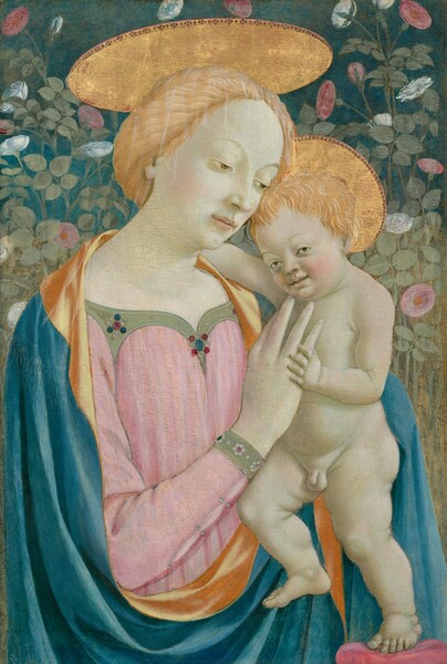 Shown from the hips up, a woman to our left wears a sapphire-blue robe over a petal-pink dress, and she supports a pudgy, nude infant to our right in this vertical painting. Both have marble-white skin faintly tinged with green, wavy blond hair, and shiny gold halos. Their heads tilt toward each other so the woman’s cheek brushes the top of the baby’s head. She holds his body with one hand nearly flat against his torso and the other, covered with her robe, bracing his back. The baby holds the pinky of her hand against his chest with his left hand, on our right, and wraps his other arm around her heck. The woman looks down to our right with olive-green eyes under faint brows. She has a delicate nose and her pale, pink lips are parted. Her hair is covered by a sheer white cloth that falls over the shoulders of her blue robe, which is lined with golden yellow where it turns back around her neck. Her pink dress is trimmed with a band of moss green along the curving, sweetheart neckline and around the cuffs of her sleeves, and is ornamented with pearls and red, white, and blue orbs, possibly jewels. The baby looks at or toward us, his pink lips also parted and his rounded cheeks slightly blushed. He stands on his left foot, to our right, and raises his other foot, knee bent. Stylized white and pink roses with mint-green stems and leaves grow up against a royal-blue background behind the pair.