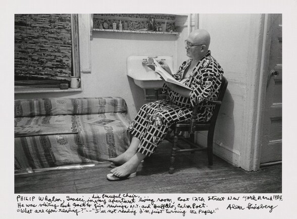 Philip Whalen, sensei in his peaceful chair, my apartment living room, East 12th street New York March 1984. He was visiting East Coast to give readings N.Y. and Buffalo, Calm Poet. What are you reading? -- I