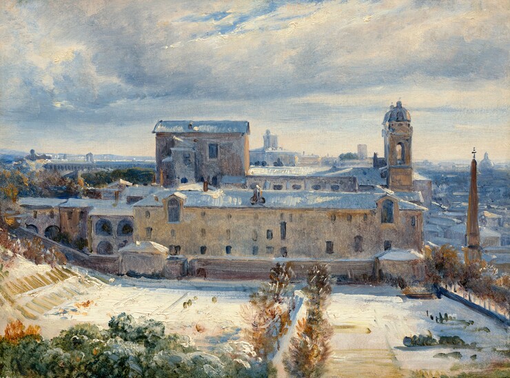 From a high vantage point, we look across a snow-covered expanse at the long side of a pale, parchment-colored building with a town beyond in this horizontal landscape view. The scene is painted loosely and mostly in tones of icy blue, cream white, golden tan, and brown. Closest to us but far below, a hedge of moss-green treetops lines the sun-drenched, ivory-white field. The field slopes up to our left and a path, between two rows of cinnamon-brown trees, leads from the bottom center of the painting to the building. Four stories of mostly rectangular windows pierce the wall of the building in front of us. Shadows on the snow-covered roof are painted with thick strokes of steel blue. On the other side of the building, a second long roofline runs parallel to the first. The short side of the building, to our right, has a tower at each corner. A fawn-brown obelisk, which is a tapering, pointed column, is topped with a cross and stands in front of the building façade. Stacked and overlapping rooflines, painted broadly in azure blue and silvery gray, fade toward the distant horizon, which comes halfway up the canvas. A blanket of white clouds with arctic-blue bottoms sweep across the sky, revealing only a few small patches of vivid blue sky beyond.