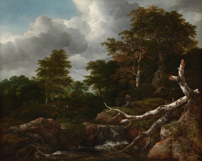A broken white and gray birch tree trunk has fallen across a rocky, shallow waterfall at the edge of a dense, deeply shadowed forest in this horizontal landscape painting. The narrow stream winds toward us from the forest to splash into a rocky pool that nearly spans the width of the painting along the bottom edge. The tree trunk angles from our right down into the pool, having lost most of its branches. Broken off near the base, the gnarled roots of the tree dig into a rocky outcropping along the right edge of the composition. Farther back and tiny in scale, two people walk along the stream. One person wears a black dress and white cap, and carries a basket, and the other person wears a light, brimmed hat, a ruby-red shirt, and dark pants. Under the trees beyond, four sheep graze in a meadow. The bushes, vegetation, and trees of the forest spring up beyond the sheep, painted with tones of sage, moss, olive, and dark pine green. A grove of trees to our right in the middle distance, including one white birch trunk, nearly reaches the top edge of the canvas. Steel-gray bottomed clouds with white, fluffy tops create a diagonal line across the tree tops. A wedge of pale blue sky is exposed in the upper left corner. A few dark birds fly high in the sky. The artist signed the painting in the lower right, “J v Ruisdael.”