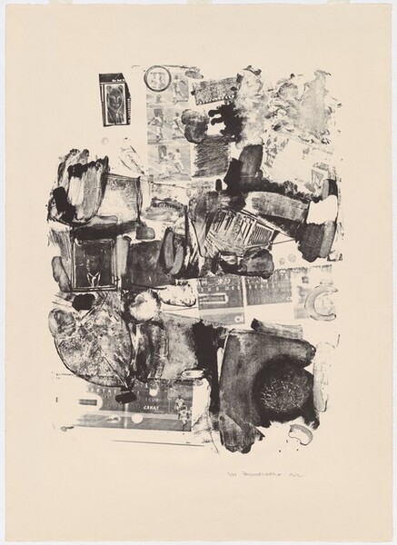 Printed in black and white on tan paper, at first glance this vertical print seems to be a collection of abstract smudges and shapes collected in a cloud at the center of the composition. Upon closer inspection, identifiable forms and images emerge, including a vertical strip of photographs showing players on a baseball field at the top center, a baseball scoreboard printed twice in reverse near the bottom right and in the lower center, and a leaf near the lower left. Two portraits showing the head and shoulders of men seem to be printed in negative, so the lights and darks are reversed. One portrait floats near the upper left and the second, of John Kennedy, floats near the center of the left edge of the mass. Smears and marks like brushstrokes fill in the space around the recognizable images. The artist signed and dated the work in the lower right corner, “3/38 Rauschenberg 1962.”