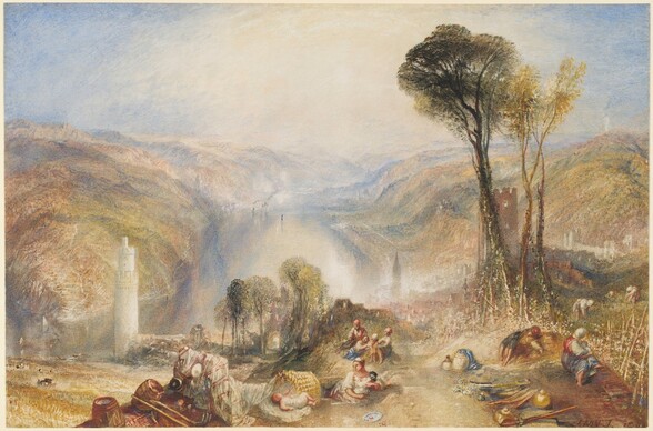 We look down onto a grass-topped promontory that gives way to a vast, hazy river valley in this horizontal watercolor. A dozen men, women, children, and babies rest in small groups or work near grapevines to our right on the promontory. They all have pale, peachy skin and wear garments in off white, royal blue, pink, beige, or gray. Rakes, barrels, cloth, and other equipment are piled to our left. The land dips steeply down beyond the pile to a slender, tall white tower. Opposite it, to our right, a grove of tall, spindly trees partially hides a brown stone, crenelated tower. The land drops steeply down from there to a deep, wide river valley. Flanking the waterway, mounded hills mottled with harvest yellow, laurel green, and pinkish-beige lighten to icy blue in the distance. Buildings tucked among the hills and ships on the river are suggested with indistinct strokes or scratches on the paper, and a few tufts of smoke rising from chimneys or smokestacks. The horizon comes two thirds of the way up the composition. A white glow across the center of the sky deepens to lapis blue at the edges.  The artist signed and dated the lower right corner, “JMWT 1840.”