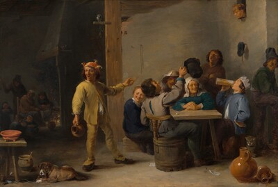 Seven pale-skinned people crowd around a wooden table to our right in this horizontal painting, as several more gather around a fire in a deeply shadowed room beyond, to our left. The room we are in has high ceilings and peanut-brown walls and floor. At the center of the composition, a man dressed in mustard yellow with a yellow and burnt-orange jester’s cap stands facing us. His smiling mouth is agape, and he lifts his left arm, to our right, to gesture toward the group at the table there. His feet are widely planted, and a ceramic jug dangles from his other hand. At the table to our right, one man sits at the front, left corner of the table, leaning back in his chair as he raises his black hat high in his right hand, closer to us. His face is tipped up and his mouth is wide open. Across from him is another young man in a blue-gray jacket who wears a paper crown. With the back of the wrist closer to us planted on his hip, he tilts back his head to drink from a tall tankard held in his other hand. One young and one older woman women sit smiling among the men. The younger woman wears a navy-blue dress with a white cap covering the back of her blond hair, and the older woman is in ocean blue with a white head covering. Two more men at the table also have their mouths open and wear earth-toned clothes. A man has poked his head through a small, squared opening high on the wall above the table to our right, to look down at the group. Over the the man in the jester's hat, a gray owl sits chained to a perch driven into the wood stud that frames the wall behind the group. Bits of paper are scattered on the floor and two terracotta jugs sit gleaming in the lower right corner. A tawny cat peers out from behind the drinker’s seat. A dog with sable-brown fur lies near a low table in the lower left corner of the painting. A shallow, terracotta dish with short feet sits on the table and a brown ceramic jug, oyster shells, and a few stalks of straw sit near the dog and table. In the dimly lit room beyond this one, a man, woman, and four children gather around a fireplace. The woman holds a long-handled griddle over the flame, and she turns to look back over her shoulder. The artist signed and dated the work as if he had written on the front edge of the low table to our left: “D. TENIERS F 1635.”