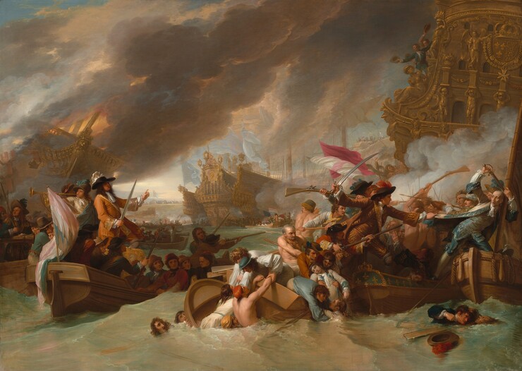 We hover low over a body of choppy water in front of several rowboats filled to capacity with light-skinned men jostling and fighting each other amid larger wooden ships in this horizontal painting of a naval battle. The water transitions from tan and pale green near us to sage green in the background. A few of the men are bare-chested but most wear a wide range of colorful military uniforms or the full-sleeved shirts of sailors. A few vignettes within the bustling, action-filled boats draw our attention. For instance, at the center of the hubbub, two men wearing white shirts lean over the stern of a crowded boat, pulling two submerged men out of the water. Three other men float nearby, only their heads peeking above the water. In the same boat, another rescuer reaches for a man in the water, while yet another has pulled an unconscious or lifeless man into his arms. That rowboat bumps into several others filled with men weilding swords, long muskets, and perhaps spears. Much of the activity swirls around two men who stand in the boats to our right. One man wearing a fawn-brown uniform with gold embellishments, a white neck cloth, and a brown hat with red feathers brandishes a sword as he seizes the shirttails of a man wearing blue. The man in blue steps into another boat and clutches the mast as he raises his own sword up over his head. With eyes and mouth wide open, he looks over his shoulder toward the man in brown. Boats to our left are also filled with men but they sit in orderly rows. One man wearing a rust-orange suit and white plumed hat holds a sword in front of his body and raises his other pointer finger. A man blows a long horn behind the standing man. Other rowboats fill the space behind these, and surround three large wooden, ornately carved and decorated ships beyond. The carved insignia of the rightmost ship looms close to us along the right edge of the canvas; boats swarm around another ship in the distance at center; and flame and smoke billow from the ship to our left.