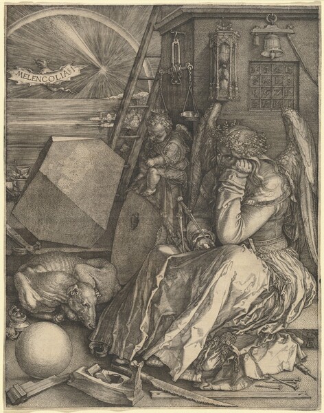 Created with fine black lines printed on an ivory-white paper, a winged angel sits with her head in one hand, surrounded by tools, a dog, and a baby-like, winged putto perched on a millstone, all in front of a distant landscape with a still body of water under an arched rainbow in this vertical engraving. Filling the lower right quadrant of the composition, the winged angel, Melencolia, sits with her body angled to our left and she looks in that direction from under furrowed brows. Lit from our right, her face is cast in shadow, but she has a straight nose and her lips are closed. She wears a ring of leaves over hair that falls in waves over her shoulders. Wings curve up from her back, and she wears a long-sleeved dress with a tight bodice and a voluminous, pleated skirt. The fist in which she rests her chin is closed tightly. The other arm rests on a book in her lap, and she holds one of the two legs of a tall compass in that hand. Several keys hang on a ribbon looped onto her belt, and they nestle into the deep folds of her skirt. Around her feet are a purse cinched closed, several nails, the metal tip of a bellows, a saw, a plane, the end of a pair of pincers, an ink pot, a molder’s form for baseboards, and a round sphere about the size of a basketball. The dog lies in a tight circle to our left of Melencolia’s feet, its chin resting across its paws. The dog’s ribs show through the short fur of its hide. Next to the dog, the millstone, a round, plate-like stone with a hole cut from its center, leans against the square building that fills the right half of the composition. A chubby, baby-like angel sits atop the stone. It has short, curly hair, stubby wings, a loose robe, and it draws on a tablet propped on its lap. Beyond the putto, a wooden ladder leans against the building and a pair of scales hangs above the putto’s head. On the face of the building, hanging over Melencolia’s head, is an hourglass with the sand about halfway spent, and a magic square, a grid of four rows and four columns. The numbers in the grid read, from left to right, 16, 3, 2, 13 in the top row; an upside down 5, a 10, 11, and 8 in the second row; a backwards 9, a 6, 7, and 12 in the third row; and a 4, 15, 14, and 1 in the bottom row. A bell hangs from a ring above this grid. On the step beyond the sleeping dog and millstone, another large stone is carved into flat planes to create an irregular, geometric, rhomboid form about as tall as the millstone. A hammer lies in front of the rhomboid and beyond it is a melting pot sitting among tongues of flames in a mug-like cup. In the upper left quadrant of the composition, a placid body of water leads back to a distant town and small boats, beneath a starburst that fills the sky. An arched rainbow crosses the sky over a rat-like bat with its sharp teeth and tongue showing. It holds a banner reading “MELENCOLIA I.” The artist signed and dated the engraving as if he had carved into the front face of the step on which Melencolia sits, near the lower right corner: “1514 AD,” with the uppercase D nestled between the long legs of the wide, uppercase A.