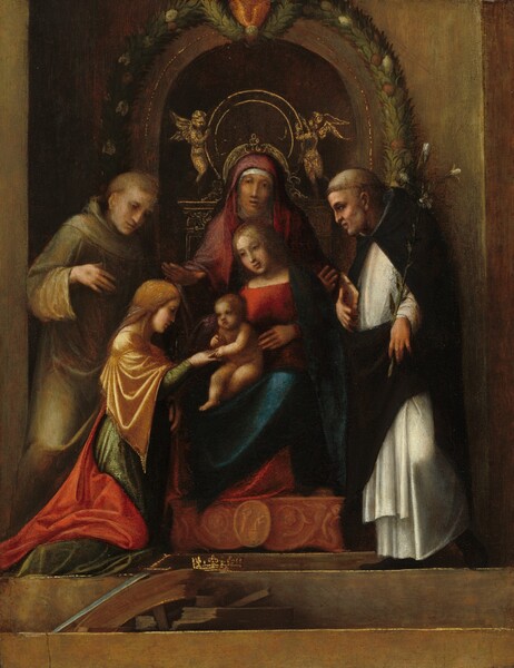 Three women, two men, and a baby sit on or stand near a throne with a curved top in this vertical painting. All the people have light, peachy skin. A younger woman, Mary, holds a nude baby as she sits on the lap of a second woman, Saint Anne, on the throne. The edges of Saint Anne’s white habit are visible along her forehead and across her neck, and she wears a raspberry-pink robe covering her head, shoulders, and arms. She holds both hands out, with her right hand, to our left, palm down. She looks off to our left, and her lips are parted. On her lap, Mary’s blond hair is pulled back, and she wears a ruby-red dress under a lapis-blue robe. She looks down at the baby who sits on her right knee, to our left. The baby also has blond hair, and he reaches for the hand of a third woman kneeling next to him, to our left. That woman’s reddish-blond hair is pulled back, and she wears a golden yellow wrap over a spruce-green dress. A red cloth hangs down her back and pools over the back of her bent knees and legs. She looks down at her right hand as the baby holds the third finger. The two men stand to either side of the throne. Both have bald heads, each with a ring of hair, and they are cleanshaven. The one to our left stands just behind the kneeling woman, and wears a moss-green, hooded robe with loose sleeves. He holds one hand to his chest, and a faint wound is visible on the back of his palm. The man on the other side faces the throne in profile facing our left. He wears a black cape wrapped around a white robe. He holds a book in one hand and a long stem of white flowers in the other. The throne sits in front of a shadowed, rounded niche. It is lined with a garland dotted with fruit, possibly oranges and lemons. Behind Saint Anne’s head, a gold circle is held up by two winged angels. Along the base of the throne, an oval medallion sits against a design of scrolls and flowers. The medallion shows a person kneeling on a box and another with a sword raised. The throne sits on two steps. On the steps near the kneeling woman are a gold crown, a sword with a gold hilt, and a bit of a broken, wooden wheel.