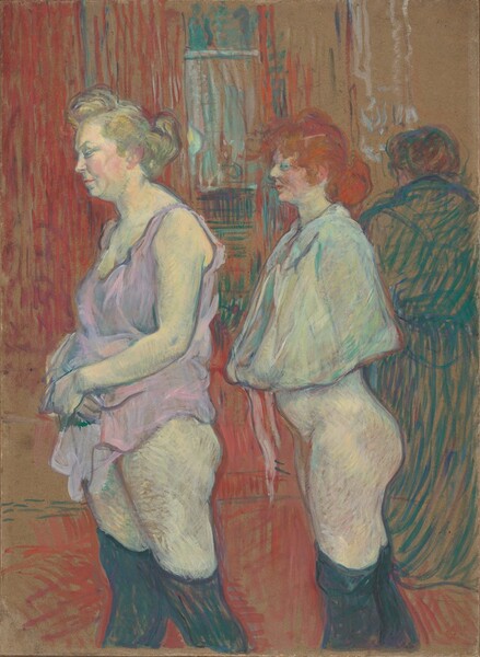 Shown from the knees up, two pale-skinned women stand in profile facing our left, holding their skirts around their waists so their buttocks and thighs are exposed in this vertical painting. The scene is streaked with opalescent, loose strokes and stringy lines that resemble drawing. Both women wear dark green, thigh-high stockings and step forward onto one foot. They faintly smile as they look ahead of them with heavy-lidded eyes. The woman on our left has blond hair gathered at the back of her neck and a fleshy, jowly face. Her lilac-purple, sleeveless garment hangs loosely from her shoulders. The woman on our right has flame-red hair, a flushed face, and round cheeks. Her mint-green garment is hooked over her shoulders like a short cape. Strokes of light brown, petal pink, teal blue, and dusty rose are layered over their pale buttocks and thighs. A third woman behind them and to our right faces away from us. Her dress is blocked in with spruce green, and she has brown hair. The walls of the room are painted with crimson-red lines against the brown of the cardboard on which this is painted. A shimmering blue rectangle could be a window or reflective surface on the far wall. The artist signed the lower right corner with interlocking capital H, T, and L.